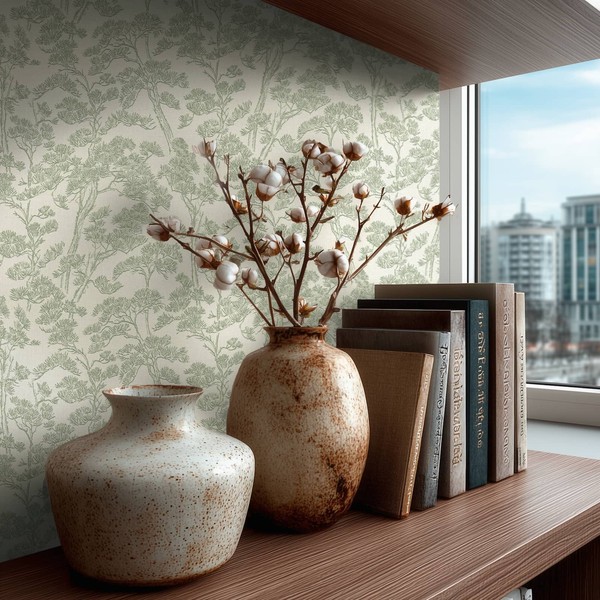 Vliestapete Waldmotiv BäUme Pinie Asiatisch Floral Creme GrüN 79001-3 (4,31€/1Qm-image