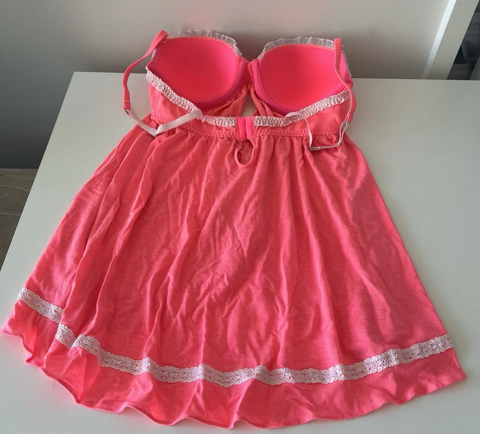 Victoria's Secret Babydoll BRA PANTY SET Pink Lace Trim Open Front Modal 36C - image 4 of 4