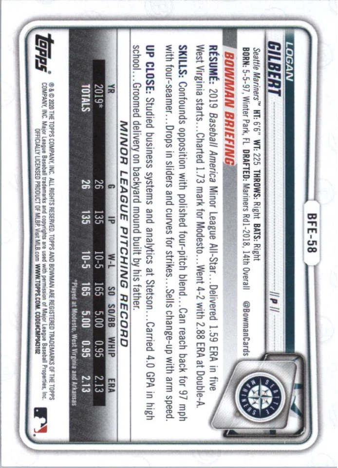2020 Bowman 1st Edition #BFE58 Logan Gilbert - BB - Image 2 of 2