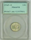 1943-D 10c Mercury Silver Dime PCGS MS66FB Rattler Style Gen. 1.2 Holder C4829