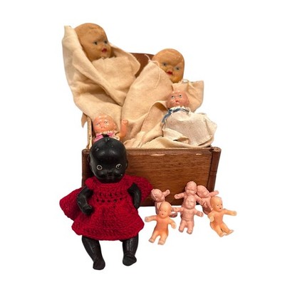 Vintage Mini Baby Doll Lot w Handmade Wooden Cradle Crochet Dresses 12 Piece Lot