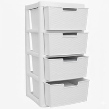 Large 4 Drawers Rattan Storage Unit Modular Tower Plastic Organizer Chest White