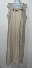 Maxi Vestido De Colección Sin Excusas Mezcla de Lino Flor Bordado Botones Talla L Beige