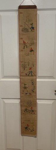 Rare Vintage Childrens Gnome Cross Stitch Growth Chart Wall Hanging Wood