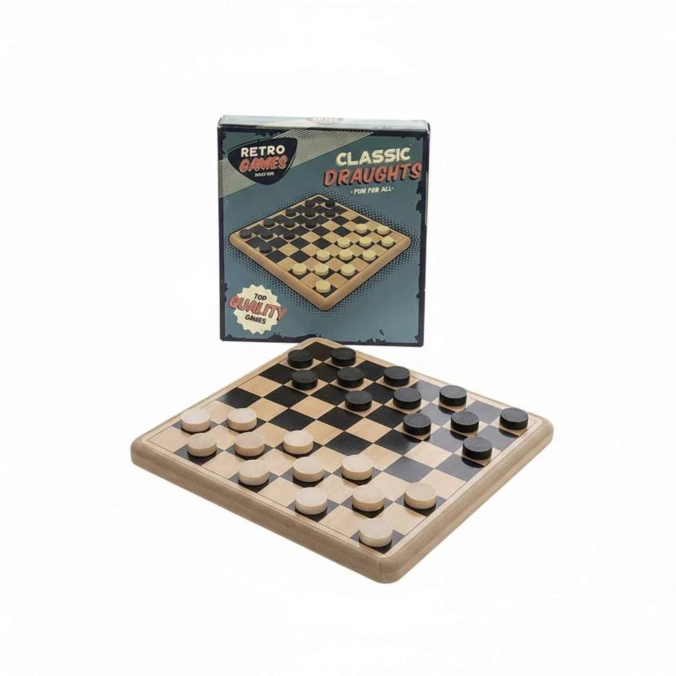 Retro Draughts Board Game Traditional Checkers Vintage Wood Family Gift Set - Image 2 of 4
