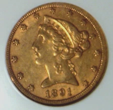 1891-CC GOLD HALF EAGLE $5 CERTIFIED NGC AU55 CAC NICE EYE APPEAL AND COLOR PQ*