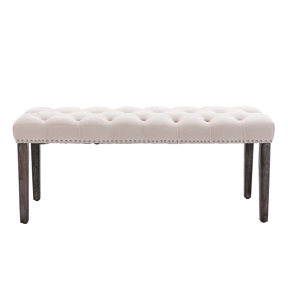 Beige Upholstered Tufted Bench Ottoman Velvet Bench Bedroom Bench Footrest Stool - Image 4 of 4