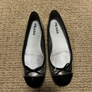 PRADA BALLET FLATS SILVER AND BLACK SZ 35