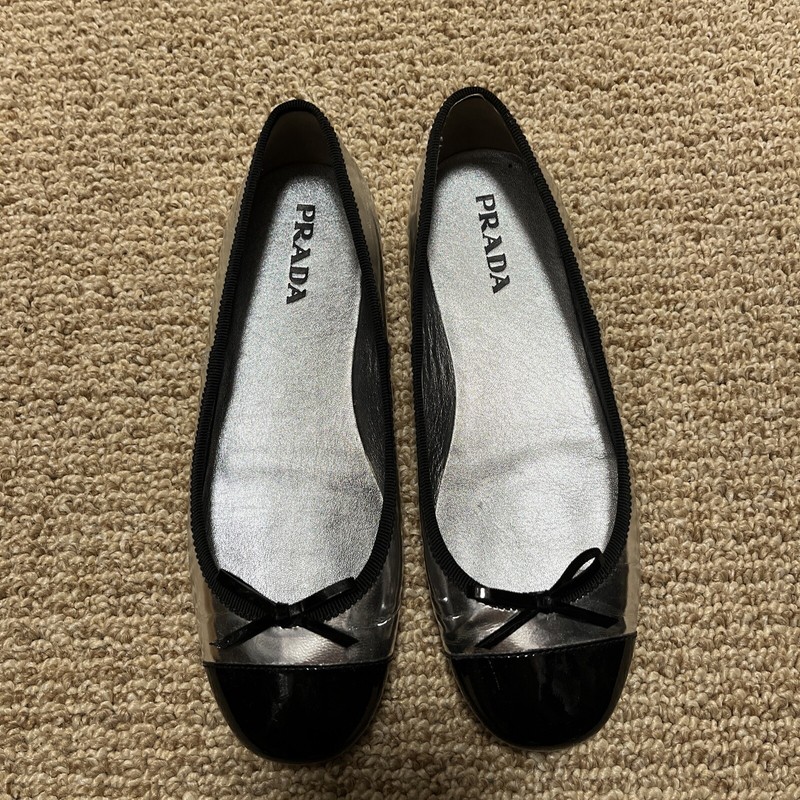 PRADA BALLET FLATS SILVER AND BLACK SZ 35