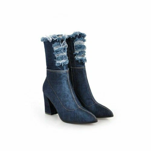 Damen Stiefeletten Schuhe Denim mittlere Wade spitz hohe Absätze gerissener Lochreißverschluss neu - Bild 12 von 16