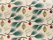 VTG SEASONS GREETINGS CHRISTMAS WRAPPING PAPER GIFT  PINE BRANCH ORNAMENTS