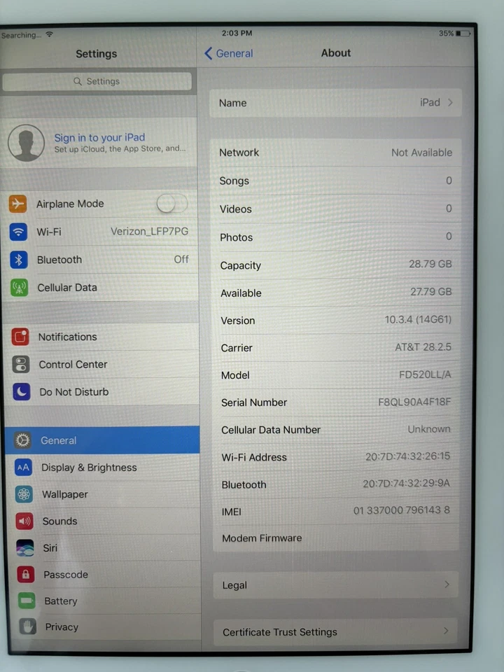 Apple iPad 4th A1459 32GB  White ,  LTE Cellular AT&T 4th G. FD520LL/A  Tested - Image 3 of 4