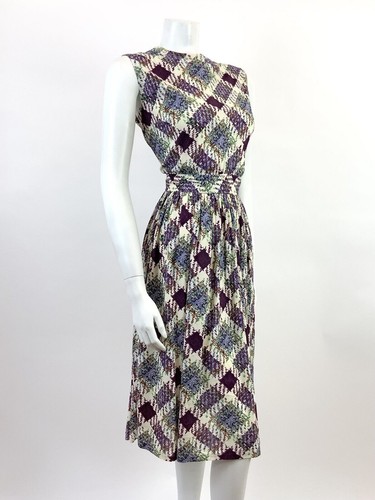 VTG 60s 70s WHITE PURPLE GREEN ORANGE CHECKED PLAID BLOUSON SLEEVELESS DRESS 10 - Picture 5 of 7