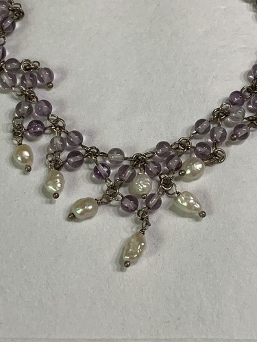 vtg sterling silver freshwater pearl amethyst bead dangle necklace - Picture 2 of 7