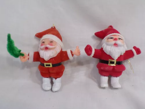 Pair of Vintage Miniature Flocked Santa Ornaments 4" tall