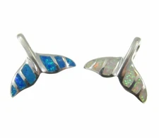 Solid 925 Sterling Silver Whale Tail Slide Pendant With Blue or White Opal Inlay