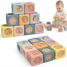 9 Pcs Baby Silicone  Wooden Stacking Blocks, Food-Grade Silicone Baby Toy wi...