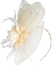 Ivory Mesh Feather Flower Fascinator Headpiece w/ Headband, One Size Women