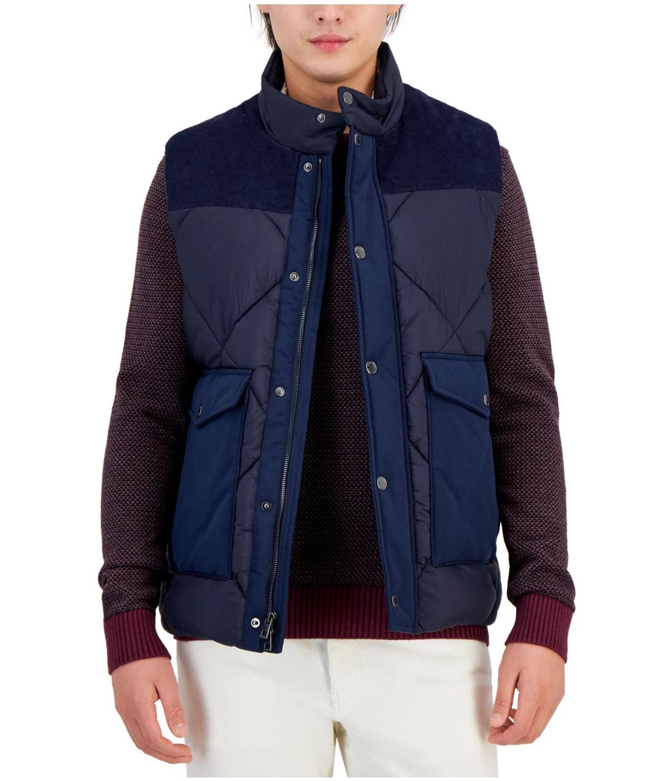 Michael Kors Mens Corduroy Trim Quilted Vest, Blue, Medium