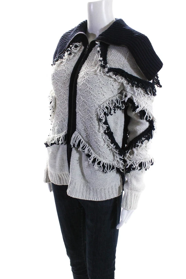 Chaqueta Suéter BCBG Max Azria Mujer Tejido Grueso Flecos Blanco Azul Marino Talla XXS Foto 2 de 4