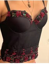 Bebe Selena Beaded Floral Mesh Bustier Top Small EUC Y2K Rose Sequin Corset
