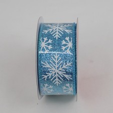 Blue Glitter Background White Snowflakes Wired Christmas Ribbon 1.5" x 20ft New