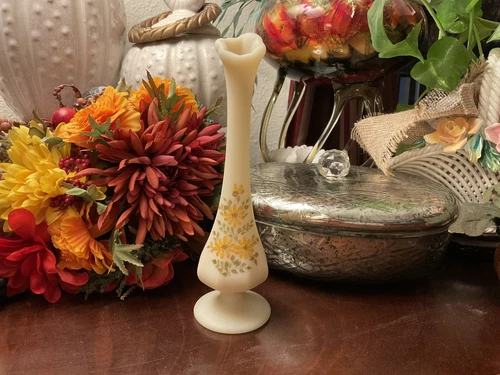 Vintage Fenton Hand Painted Custard Glass Bud Vase Signed  K. Brunny