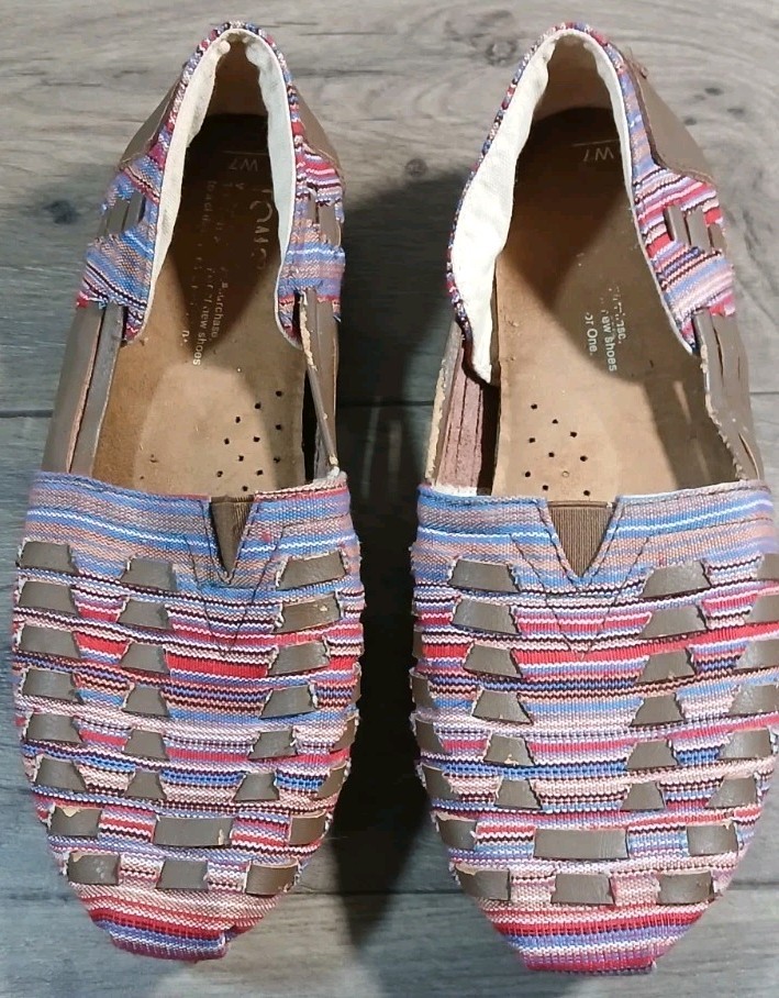 Toms Alpargata Huarache Brown Leather & Multi Color Fabric Slip on - Size 7