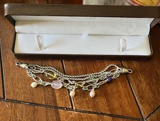 David Yurman 18K Gold Sterling Silver Multi Chain Pearl Crystals Bracelet 8”