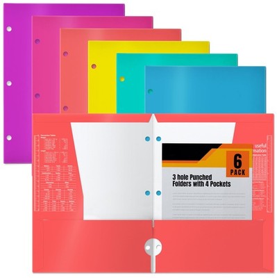 6 Pack 3 Hole Punch Paper Folders, 4 Pocket Glossy, Bright Colors