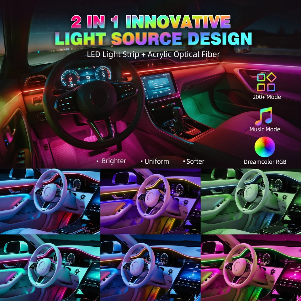 Tiras de luz LED RGB interior de automóvil acrílico persiguiendo atmósfera lámpara APP juego remoto Foto 3 de 4