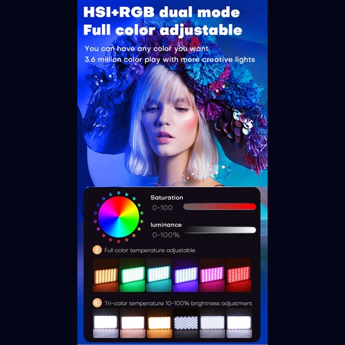 Lumière vidéo magnétique RVB lumière de remplissage LED 2500K-9000K dimmable 22 UULI - Photo 12 sur 15