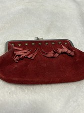 Red Suede Coin Purse with Metal Frame, Decorative Fringe, Everyday Accessory