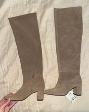 Zara Suede Leather Beige Almond Toe Knee High...