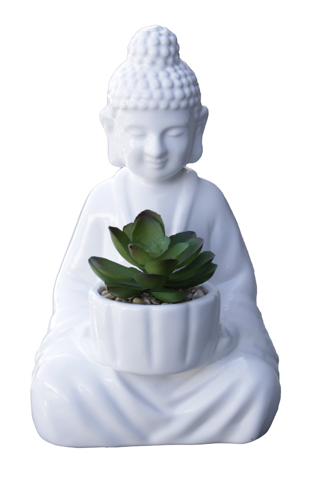 Artificial Succulent Arrangement in White Ceramic Planter with Buddha Design
