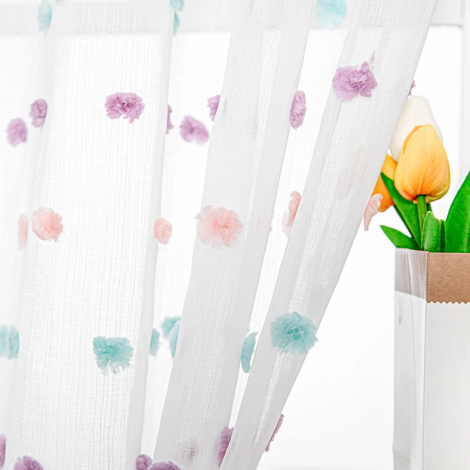 Rainbow Pom Pom Curtains for Living Room Light Filtering 84 Inch Long Bedroom...