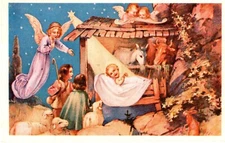 Nativity Scene, Baby, Angels, Shepherds, Animals Postcard