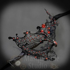 Womens Black Metal Phantom Laser-Cut Masquerade Prom Mask Red Rhinestones 