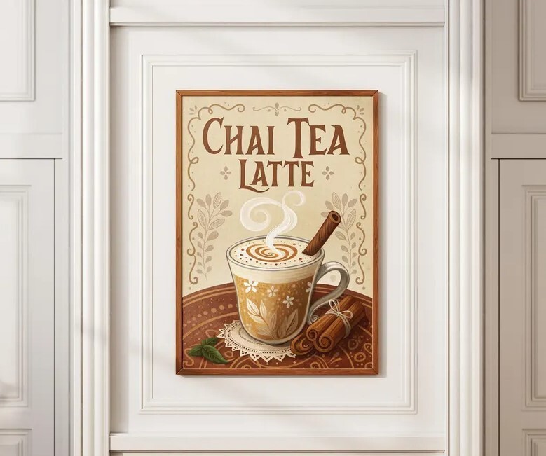 Vintage Chai Tea Latte Poster, Retro Spiced Tea Wall Art