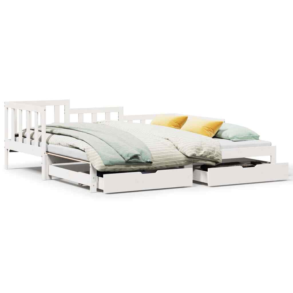 CIADAZ Daybed with Trundle 80x200 cm Solid Wood Pine, Bedroom Furniture, Guest Bed, Bed Base, Bedframe, Beds, Frames & Bases - 836207 16 Daybed with Trundle and Drawers White 80x200 Solid Wood Pine W0O3