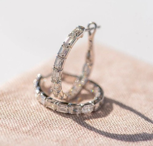 2Ct Baguette Lab Created Diamond Huggie Hoop Earrings 14k White Gold Plated