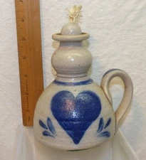 Rowe Pottery Works Oil Lamp Jug Candle Holder Cobalt Blue Heart Vtg 1985