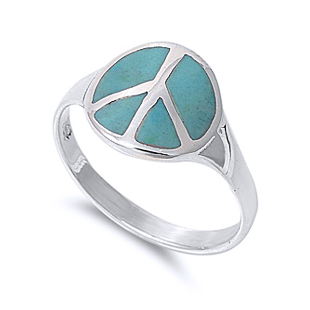 Simulated Turquoise Peace Sign Ring - .925 Sterling Silver Band, Size 4
