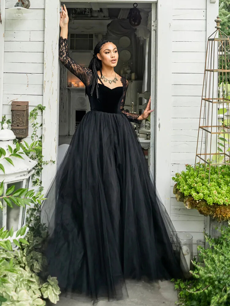 chinese dress ladies Plus Size Gothic Vintage Black Embroidery A-Line Wedding Dress with Nude Beaded Appliques US2 / Black Over Nude