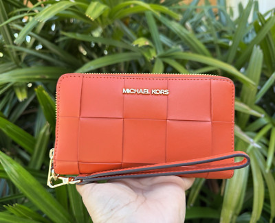MICHAEL KORS JET SET TRAVEL MULTIFUNCTION LARGE PHONE WALLET WOVEN RED CLAY
