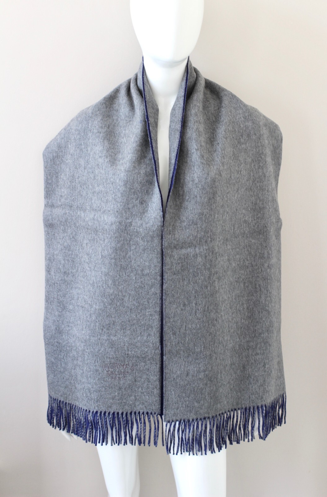 HERMES Double Face 100percent Cashmere wide big scarf stole grey blue jean 175x70cm image 6