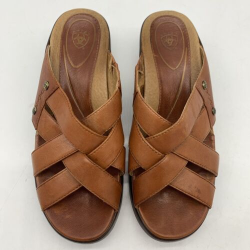 Ariat Leather Sandals Womens 8.5 Tan Brown Wedge Low Heel Double Cross Straps - Picture 5 of 13