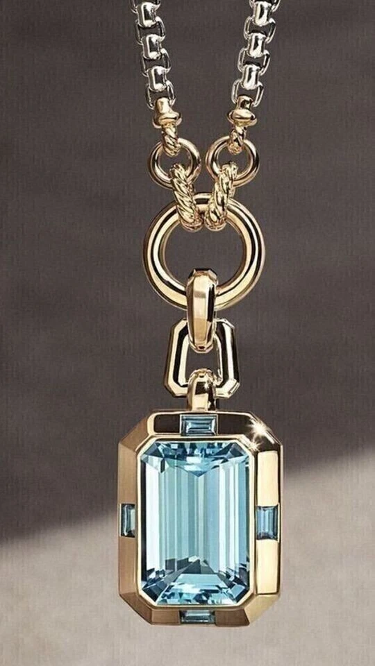 2CT Emerald Cut Aquamarine Lab Created Women's Pendant 14K Yellow Gold Plated - Image 3 of 4