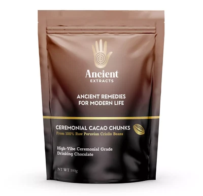 ANCIENT EXTRACTS Ceremonial Grade Cacao Chunks - Raw Cacao from 100% Peru Criolla Bean - 100g