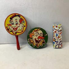Lot of 3 Antique Circus Clown Party Noise Makers Tin w/Wooden Handles